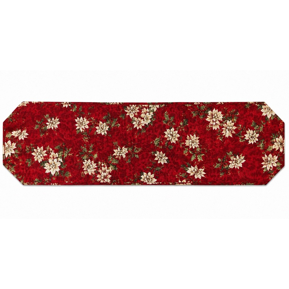 Quilted Christmas Table Runner 69" Poinsettia Holly Red Holiday Décor